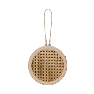 Round Straw Summer Beach Bag With Long Leather Handles Circle Rattan Bags