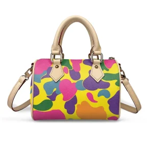 Satchel Trendy Street Style Women’s Mini Boston Bag Custom Camouflage Print PU Leather Top Handle Cylinder Handbag Crossbody Bag