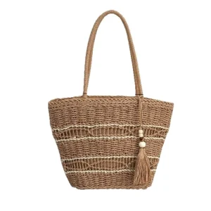 Seaside Beach Bag Summer Hand woven Solid Color Open Closure Straw Tassel Single shoulder Lady Vintage Fashion Medium Handbag
