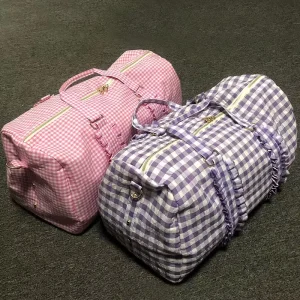 Seersucker Check Foldable Travel Bag Shoes and Socks Storage Duffle Bag Fashion Lace Travel Bags for Women
