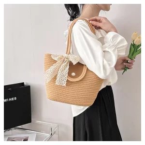 Senior Bag Women’s Cotton Rope Woven Large Capacity Tote Bag Simple One Shoulder Handbag Bucket Straw Woven