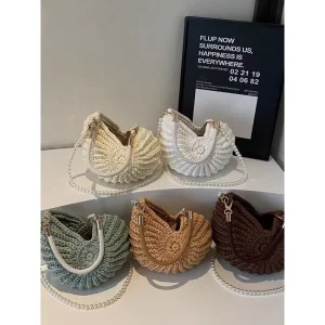 Shell Shape Shoulder Bags for Women Handwoven Crochet Polyester Knit Woven Seashell Bag with Pearl Chain Strap