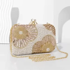 Shiny Clutch Bag for Ladies Shiny Beading Flowers Printing Stylish Evening Bag Wedding Bridal Dress Handbag with Chain