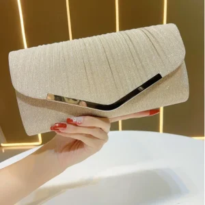 Shiny Pleated Polyester Evening Clutch Bag with Magnetic Clasp for Party Banquet Use