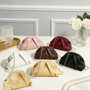 Shiny Weave Water Resistant Zipper Closure Lightweight Party Clutch Bag Removable Thin Chain Strap Soft Pleated Ladies Evening