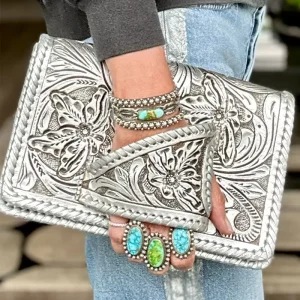 Silver Flower Dance Western Style Handbag Retro Style PU Embossed Banquet Bag European American Clutch