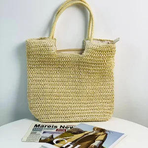 Simple All-match Woven Zipper Closure Two Straps Large Solid Color Casual Straw Handbag Commuting Shoulder Bag