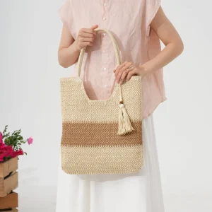 Simple Contrast Color Paper Woven Tote Bag Women’s Seaside Vacation Large Capacity Zipper Closure Single Shoulder Beach Bag