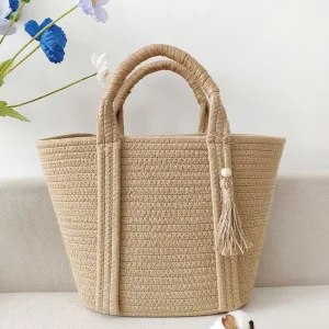 Simple Fashionable Cotton Rope Woven Straw Tote Bag Summer Beach Hand Bag Handmade Women Grass Vacation Handbag