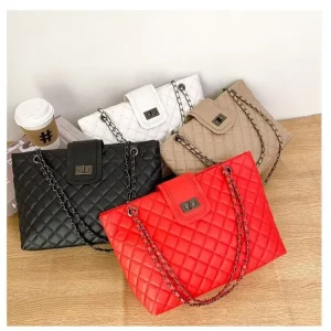 Simple Geometric PU Waterproof Underarm Armpit Tote Women’s Handbag Single Strap Polyester Lining Large Capacity Chain Bag