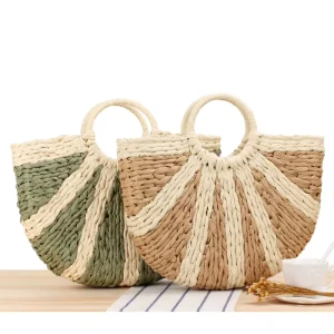 Simple Hand carried Straw Bag Solid Color Casual Hand woven Bag Summer Beach Photo Women’s Bag