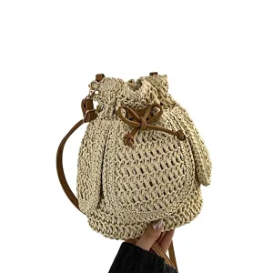 Simple High-Capacity Casual Bucket Bag Draw Belt Closure Polyester Stylish Summer Woven Shoulder Bag for Vacations Shopping