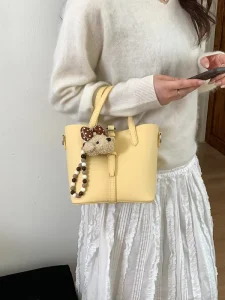 Simple Lychee Pattern Women’s New Style Business Casual Soft Polyurethane Zipper Closure Handbag Crossbody Bucket Bag