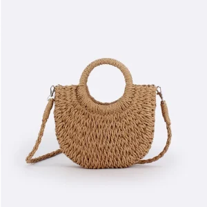 Simple Popular Ins Small Half Moon Paper Woven Drawstring Closure Crossbody Bag For Beach Holiday Travel Handmade