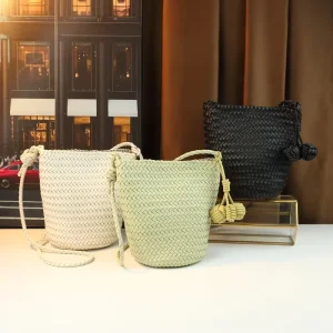 Simple Solid Color Woven Large capacity Shoulder Bucket Bag