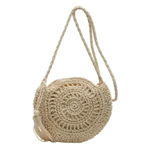 Simple and Fashionable Knit Crossbody Bag Hand Crochet Round Hollow Straw Beach Bag for Vacation