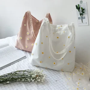 Small Canvas Handbag for Women Designer Embroidery Patchwork Bag Cotton with Daisies Crochet Tote Cute Shoulder Bag