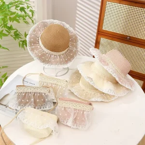 Small Cute Children’s Summer Sun Hat with Lace Straw and Bag Set Outdoor and Fishing Applicable