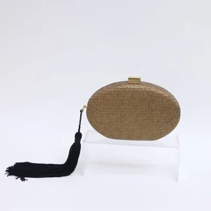 Small Oval Shoulder Bag Braided Fringe Design Woven Straw Clutch Bag