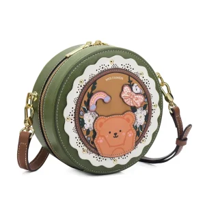 Small Round Crossbody Bag Women’s New Style Handbag Cute Bear Design Polyester Lining Zipper Closure Bag for Girlfriend Gift