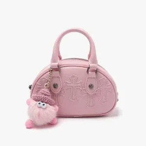 Small Satchel Bag Cross Embroidery Smooth Zipper Adjustable Strap PU Daily Commute Shoulder Handbag