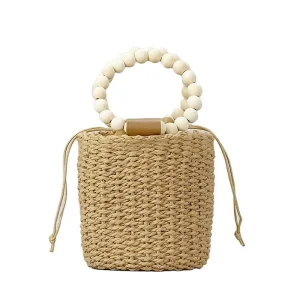Small Straw Basket Bucket Bags Beads Handle Handbags Lady Fashion Summer Shoulder Purses for Woman