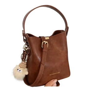 Small Women’s New Korean Retro Niche PU Bucket Bag with Zipper Closure Single Strap Shoulder Crossbody Trendy