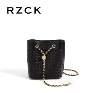 Small Women’s Shoulder Crossbody Bag for Phone with Gold Chain Custom Woven Black Leather Bucket Bag