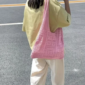 Soft Knitted Single Color Shipping Tote Bag Lightweight Beach Bag