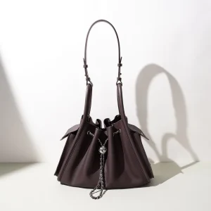 Soft Leather Petal Panel Bucket Bag Women Silver Ball Chain Drawstring Closure Dual Strap Shoulder Handbag Elegant Luxury Purse