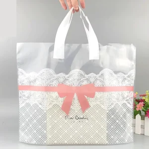 Soft Loop Handle Shopping Bag with Transparent Lace Bow Ribbon Logo for Boutique Retail Elegant Wedding Favor Packaging
