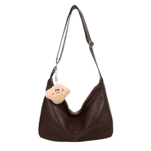 Soft PU Hobo Bags for Women Large Capacity Shoulder Bags with Cute Plush Pendant for Daily Commute