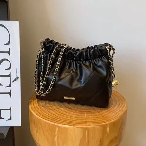 Soft PU Small Fashionable Pleated Chain Single Strap Shoulder Bag Summer New Stylish Casual Drawstring Crossbody Bag