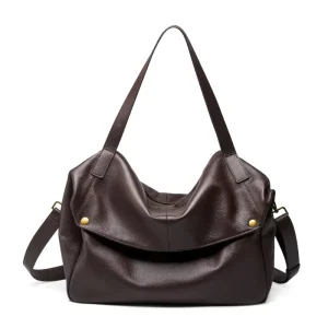 Soft Pebble Leather Hobo Bag Fold Front Flap Gold Round Rivets Dual Carry Straps Large Capacity Vintage Women Shoulder Handbag