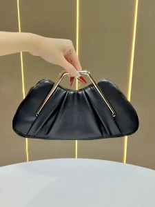 Solid Color Soft PU Fashion Evening Clutch Bag Wedding Handbag 3L Capacity Chain Strap Simple Metal Handle Clip Women