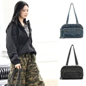 South Korea Cross-border Letter-print Cotton-lined Zipper Denim Hand-washable Vintage Underarm Shoulder Tote Bag