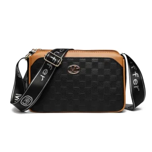 Spacious Checkered Crossbody Bag Women’s Black Brown Shoulder Purse with Wide Strap
