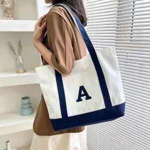 Spliced Style Canvas Tote Bag Custom Logo Navy White Color Block Large Capacity Shopping Shoulder Bag