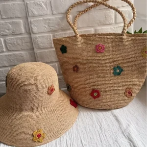 Spring Japanese Style Embroidery Flower Open Raffia Straw Crochet Bag Bucket Hat Women Woven Seaside Holiday Shoulder Bag