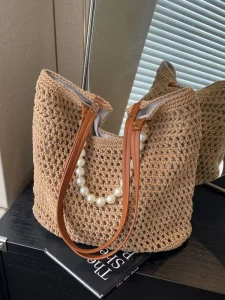 Spring New Lady Vintage Fashion Large Capacity Microfiber Casual Tote Bag Button Closure Pearl Decoration Two Handles