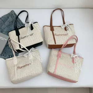 Spring Seaside Vacation-style Large-capacity Beach Bag Fashionable Trendy Street Fashion Minimalist Woven Tote Zipper Polyester