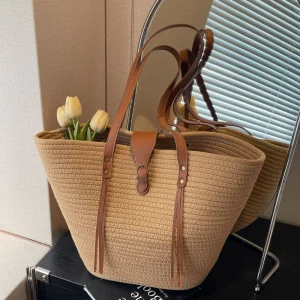 Spring Summer Collection Women’s Casual Tote Large Capacity All Match Beach Straw Woven One Sided Underarm Bag Two Buttons