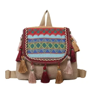 Spring Summer Women’s Ethnic Style Waterproof Backpack Versatile Casual 20L Tassel Bag Zipper Closure Trendy Soft Handle
