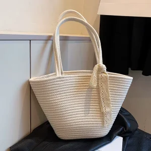 Spring and Summer Lace Large Capacity Bucket Portable Straw Braided Single Shoulder Small Fresh Shopping Beach Bag