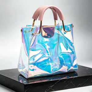 Stadium Approved Iridescent Tote Bag for Concerts Waterproof Holographic PVC Y2K Handbag with 2 in 1 Inner Pouch for Women