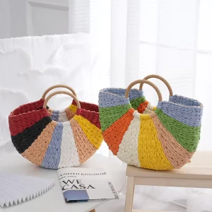 Straw Bag Summer Beach Holiday Fashion Handbag for Women Straw Custom Packaging Bag logo rainbow Design Handbag