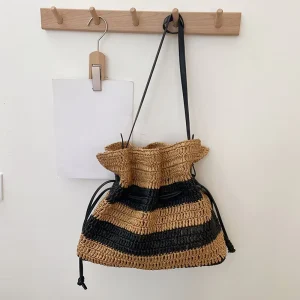 Straw Bag Summer Draw bucket Bag Hand woven Shoulder Bag