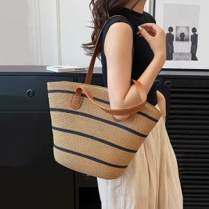 Straw Bag Women Summer Handbag Seaside Tote Bag Large Capacity Woven Shoulder Rattan Straw Bucket Bag