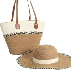 Straw Bag Women’s Shoulder Bag Fashion Straw Weave Handbag Zipper Closure Bohemian Thread Beach Vacation Hat Set