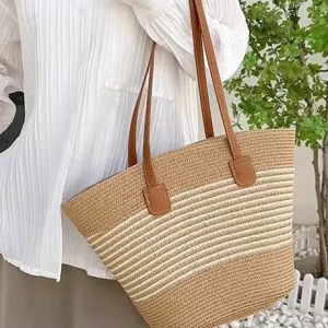 Straw Bag Women’s Summer Fashionable Tote Large Capacity Woven Zipper Bags
